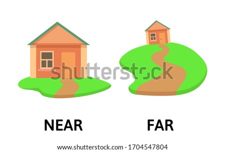 Words far and near opposites flashcard with cartoon house. Opposite adverbs explanation card. Flat vector illustration, isolated on white background. Foto stock © 