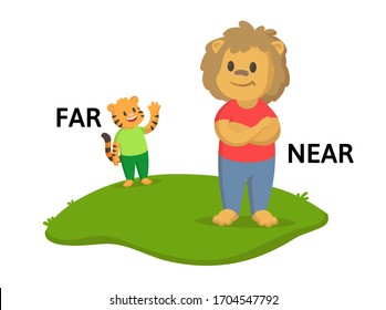 Words far and near textcard with cartoon lion and tiger characters. Opposite adverb explanation card. Flat vector illustration, isolated on white background.