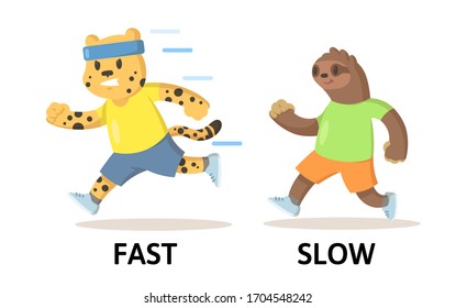 Words fast and slow textcard with cartoon cheetah and sloth characters running. Opposite adjectives explanation card. Flat vector illustration, isolated on white background.