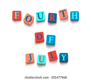 Words "fourth of july" with colorful blocks isolated on a white background Description with bright cubes Vector illustration EPS 10 card congratulation banner
