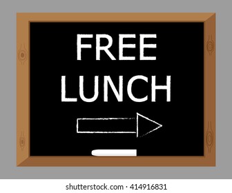 The words Free Lunch written in white text on a blackboard with an arrow pointing this way