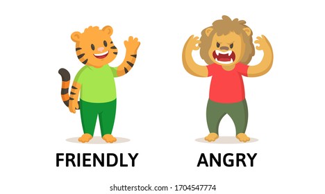 Words friendly and angry textcard with tiger and lion cartoon characters. Opposite adjectives explanation card. Flat vector illustration, isolated on white background.