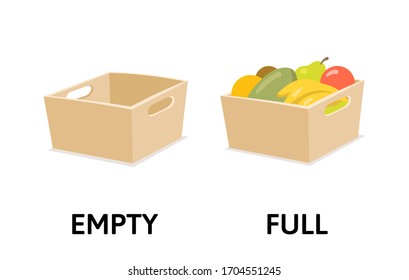 Words full and empty opposites flashcard with box, fruits, and veggies. Opposite adjectives explanation card. Flat vector illustration, isolated on white background.