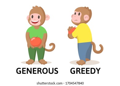 Words generous and greedy textcard with two cartoon monkey characters. Opposite adjectives explanation card. Flat vector illustration, isolated on white background.