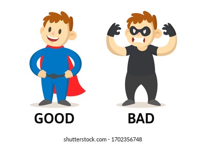 Words good and bad textcard with cartoon characters. Opposite adjectives explanation card. Flat vector illustration, isolated on white background.