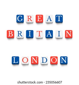 Words "great britain", "london" with colorful blocks isolated on a white background. Description with bright cubes. Vector illustration EPS 10.