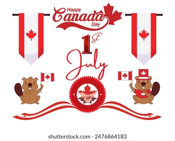 the words happy Canada Day, July 1st, with a picture of the Canadan flag with a white background and two beaver left and rigt as a canadan wildlife and in the middle moose as a mascot over the leaves.