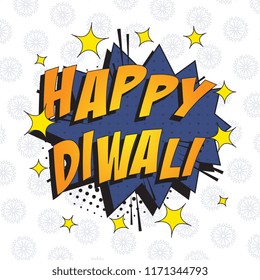 words happy diwali in colorful retro comic speech bubble with halftone dotted shadow on white background. hindu festival vector pop art illustration