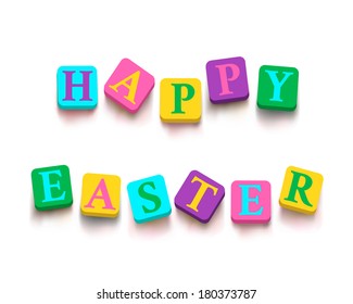 Words "happy easter" with colorful blocks isolated on a white background. Description with bright cubes. Easter greeting card. Holiday banner. Vector illustration EPS 10.