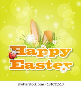Words Happy Easter with fresh grass, ears of bunny and a ladybug, on green background with bokeh - vector illustration, eps 10, with transparency