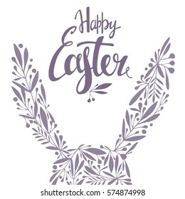 Words Happy Easter with rabbits decorative ears. Vector season card. Hand lettering, typographic element for your design. Can be printed on T-shirts, bags, posters, invitations, cards, pillows.