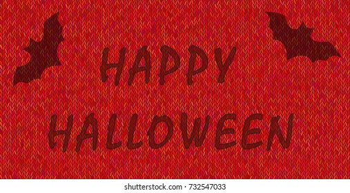 Words Happy Halloween on background of bright melange yarn. Vector illustration in vivid, rich tones. Good for web banner, design element, independent project. Knitted texture on red backdrop. 