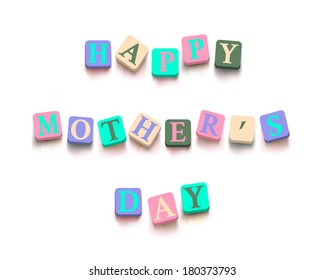 Words "happy mother's day" with colorful blocks isolated on a white background. Description with bright cubes. Greeting card. Holiday banner. Vector illustration EPS 10.