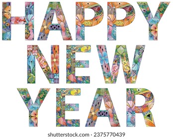 Las palabras FELICITAN AÑO NUEVO. Objeto de zentángulo decorativo vectorial para cualquier propósito
