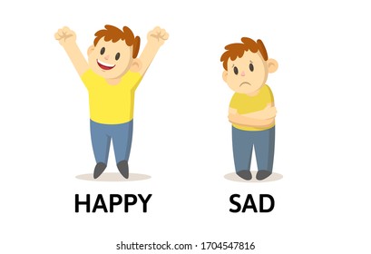 Words happy and sad opposites flashcard with cartoon boy characters. Opposite adjectives explanation card. Flat vector illustration, isolated on white background.