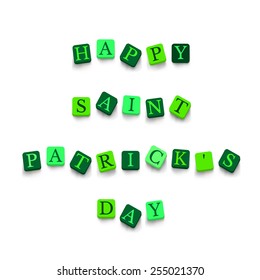 Words Happy Saint Patricks Day with colorful blocks isolated on a white background. Descriptions with bright cubes. Vector illustration EPS 10.