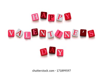 Words "happy valentine's day" with colorful blocks isolated on a white background. Description with bright cubes. Valentine's day card. Vector illustration EPS 10.