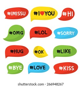 Words with hashtags in speech bubbles