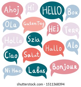 Words Hello, Hi with speech bubbles on different languages. Hand drawn text isolated on white background.  Vector illustration. 