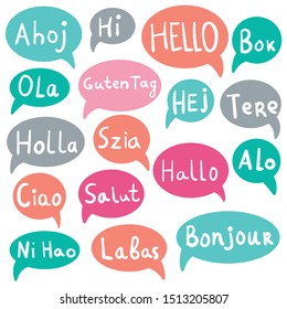 Words Hello, Hi with speech bubbles on different languages. Hand drawn text isolated on white background.  Vector illustration. 