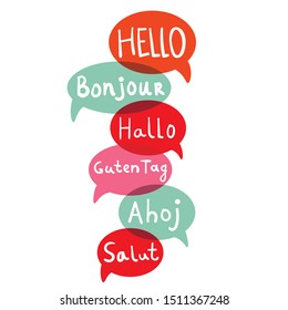 Words hello with speech bubbles on different languages. Hand drawn text isolated on white background.  Vector illustration. 