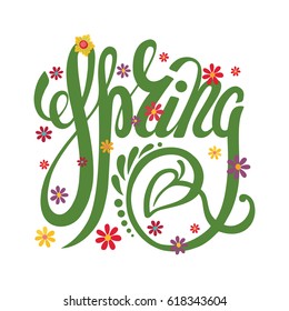 Words Hello Spring with decoration. Vector illustration EPS10. Handwriting lettering, flowers. Green brashlettering words. Calligraphy template. Spring season type.