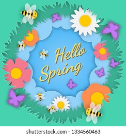 Words "Hello Spring" in frame of floral, flowers, meadow and insect on paper cut background , Vector illustration