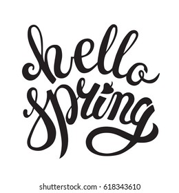 Words Hello Spring. Vector illustration EPS10. Handwriting lettering. Black,gold  brashlettering words. Calligraphy template. Spring season type.