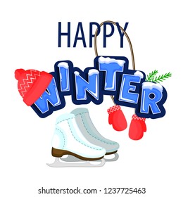 Words Hello winter covered with layers of snow ice. Standing next to the skates. The text is decorated with green twigs, a red cap with mittens. Stock vector. Text in cartoon style.