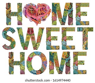 Words HOME SWEET HOME with heart. Vector decorative zentangle object