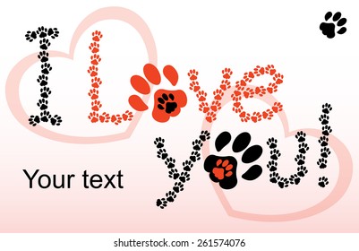 The words "I love you" from cat footprints on the background of two hearts