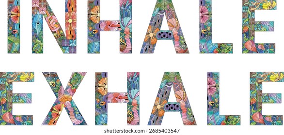 Las palabras INHALAN EXHALAN. Vector zentangle objeto para la decoración