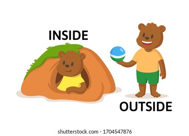 Words inside and outside textcard with two cartoon beaver or woodchuck characters. Opposite adverb explanation card. Flat vector illustration, isolated on white background.