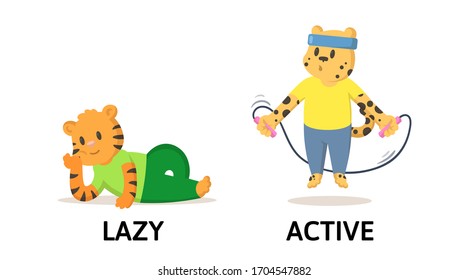 Words lazy and active textcard with cartoon cheetah and tiger characters. Opposite adjectives explanation card. Flat vector illustration, isolated on white background.