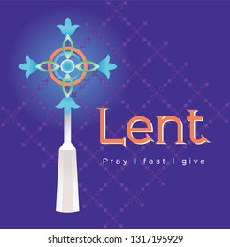 The words Lent pray fast and give with cross on purple background