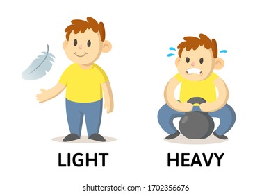 Words light and heavy textcard with cartoon characters. Opposite adjectives explanation card. Flat vector illustration, isolated on white background.