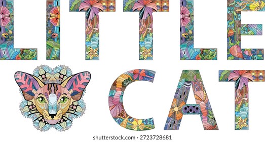 Words LITTLE CAT. Vector zentangle object for decoration
