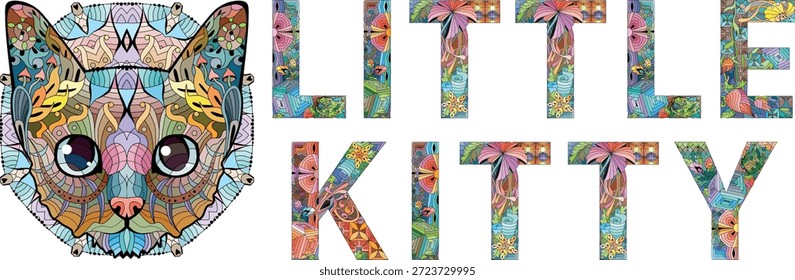 Words LITTLE KITTY. Vector zentangle object for decoration