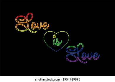The words Love is love in the color of the LGBT flag. Capital beautiful letters in the color of the rainbow flag. Colorful heart.