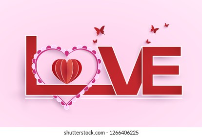 words of love and decoration for valentine's day. paper art design