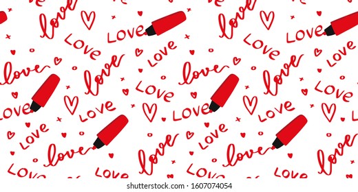 Words of love seamless pattern with red text calligraphy signs and highlighter on white background for Valentine’s Day decorations. 