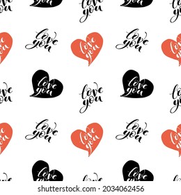 Words love you with hearts seamless vector pattern. Romantic repeatable backdrop. Valentines day wallpaper.