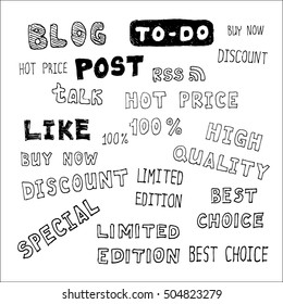 Words for marketing and trade. Hand drawn vector illustration isolated on white.