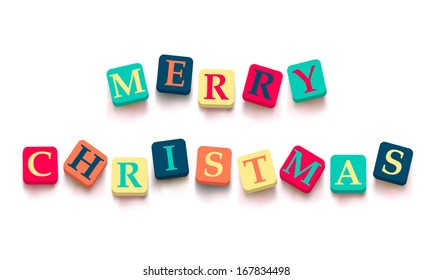 Words "merry christmas" with colorful blocks isolated on a white background. Description with bright cubes. Vector illustration EPS 10.