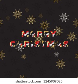 words 'merry christmas' filled with paper cut layers on black background with snowflakes pattern. holiday vector illustration easy to edit and customize. eps 10