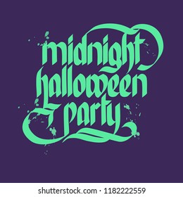 Words midnight halloween party on dark background typographical concept flat vector illustration