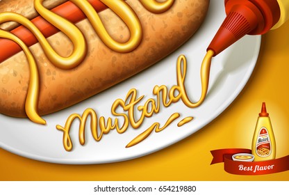 words mustard made by yellow mustard sauce, with delicious hot dog, 3d illustration