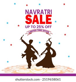   As palavras NAVRATRI SALE em negrito A frase ATÉ 25% OFF sugere   silhuetas de pessoas dançando Garba danças tradicionais associadas com Navratri O fundo decorado com estrela