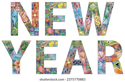 Words NEW YEAR. Vector decorative zentangle object for any purpose