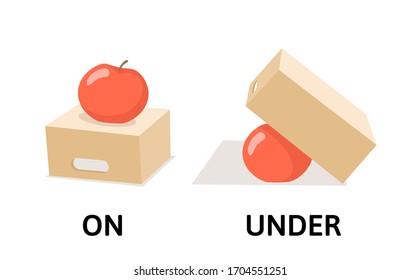 Worte auf und unter den Gegensätzen flashcard mit Cartoon Box und Apfel. Gegenüber Präpositionen der Erklärkarte. Flache Vektorillustration, einzeln auf weißem Hintergrund.